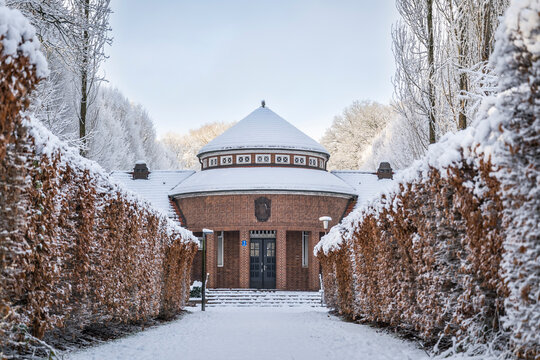 Winter view of Trinkhalle at Stadtpark in Hamburg Germany