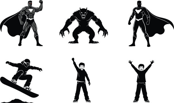 Superhero and fantasy character silhouettes with monster snowboarder and kids posing isolated on white background action and adventure vector set