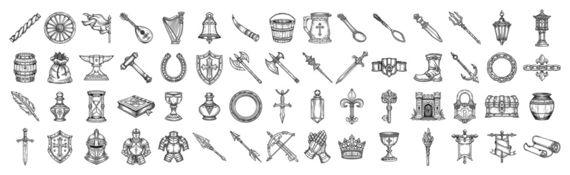 Medieval fantasy RPG item icons bundle, set of ancient weapons armor and magic equipment line art for game design