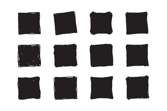 Collection of twelve black geometric polygon shapes with smooth edges on transparent background, black geometric shapes