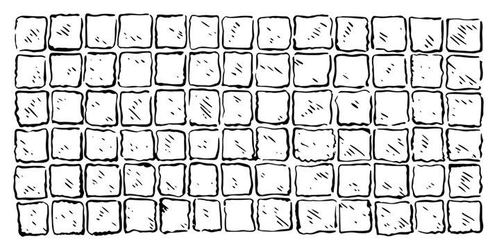 Hand drawn cobblestone pavement pattern background, sketch of old stone floor or wall texture for architectural design