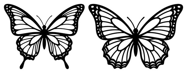 Fototapeta premium Butterfly silhouette set with intricate wing patterns, monarch butterfly line art icons for nature and spring decoration