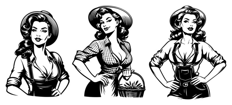 Farmer pin up girls collection in country style, retro woman character wearing dungarees and straw hat for farm and organic market design