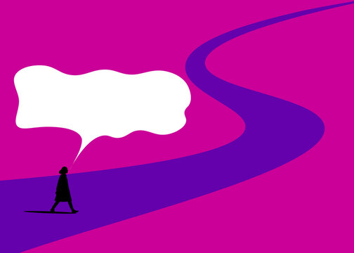 Silhouette walking on a winding road with a blank speech bubble