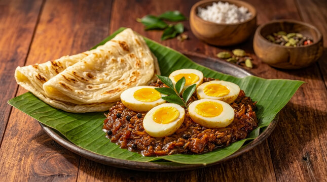 Traditional Kerala egg curry with flaky parotta served on a banana leaf
