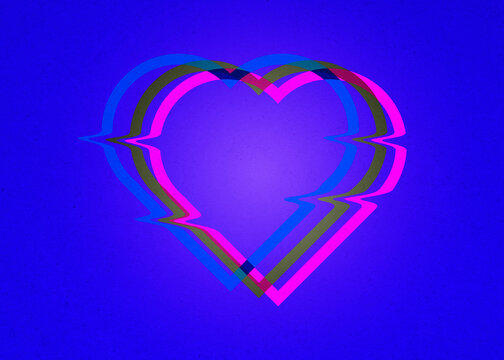 Abstract digital glitch heart illustration on blue background
