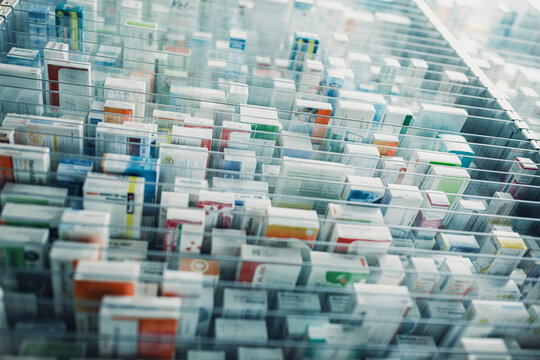 Medicine boxes on shelves in an automated pharmacy machine