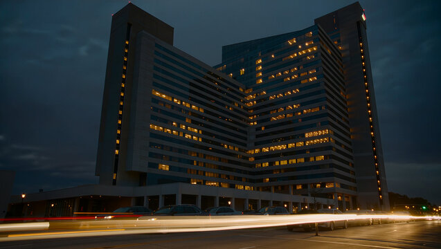 Modern Building with Illuminated Windows at Night with Light Trails