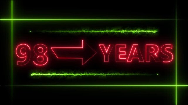 Abstract count 98 -years neon bright sign red color animation. Neon great celebrates year animation 4k video.