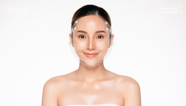 Beauty Under Examination: A portrait of a woman's face, meticulously marked with lines, underscores the artistry and precision of cosmetic procedures, blending aesthetics and scientific evaluation.