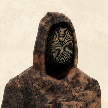 Illustration of person in hoodie with fingerprint face representing biometrics