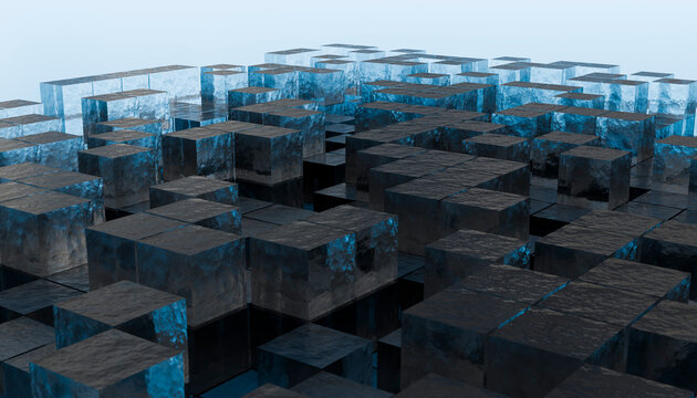 Abstract 3D landscape of dark blue textured cubes