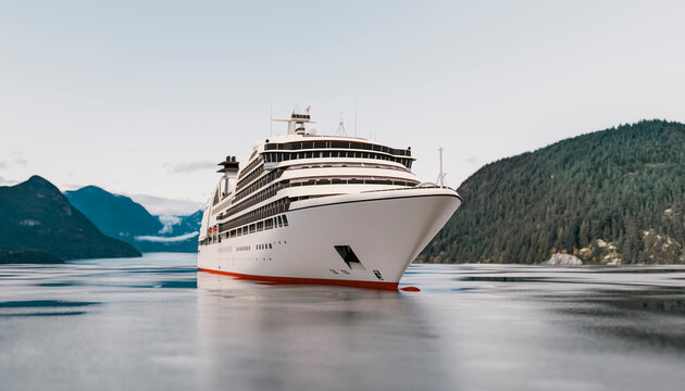 Cruise liner sailing on calm water near a forested mountain