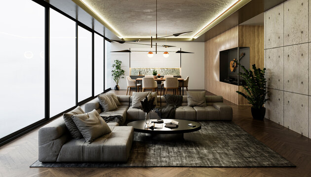 Modern minimalistic apartment living room interior in daylight