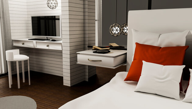 Modern minimalist indoor bedroom 3d render