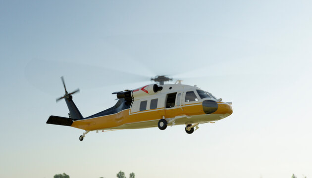 Yellow rescue helicopter flying in the clear sky during the day