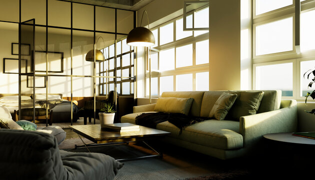 Modern minimalist living room interior illuminated by warm sunlight