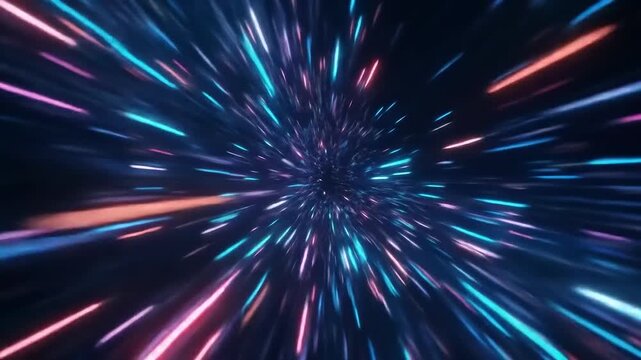 Abstract tunnel of light beams racing towards the center. Blue, pink, and white streaks