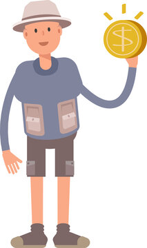Tourist Character Holding Dollar Coin
