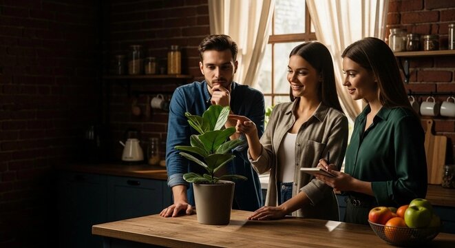 Marketing team analyzing a potted fiddle-leaf fig plant in a stylish kitchen for a brand development project.
