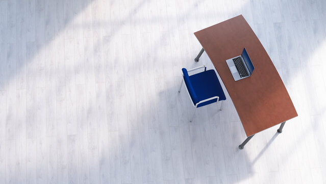 3D rendering of empty minimalist home office desk directly above
