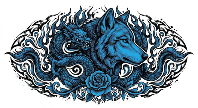 Tattoo-style wolf and dragon with blue flames and a rose.

