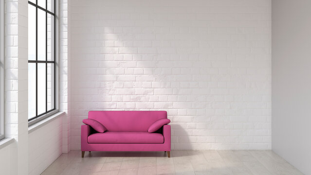 3d rendering of modern living room with pink sofa and brick wall