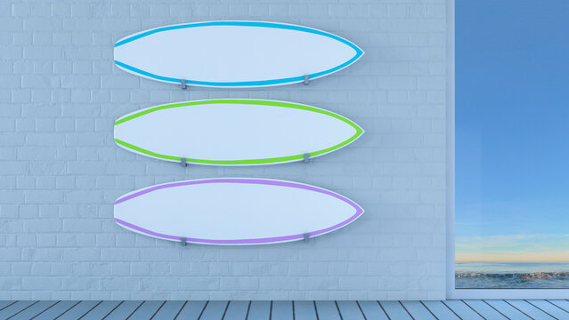 Surfboard storage on a white brick wall indoors near the ocean