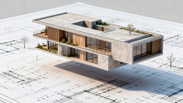 AIGC for architectural design, AI generating building designs on a digital blueprint, floating 3D models, modern minimalist style, 3D render