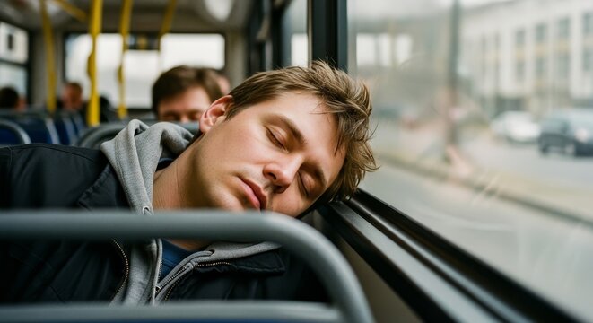 Young man sleeping on public bus.