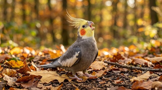 Cockatiel Normal Grey Singing Head Thrown Back Low Ground-Level Angle Eye-Level Perspective Warm Autumn Leaf-Filtered Afternoon Sidelight