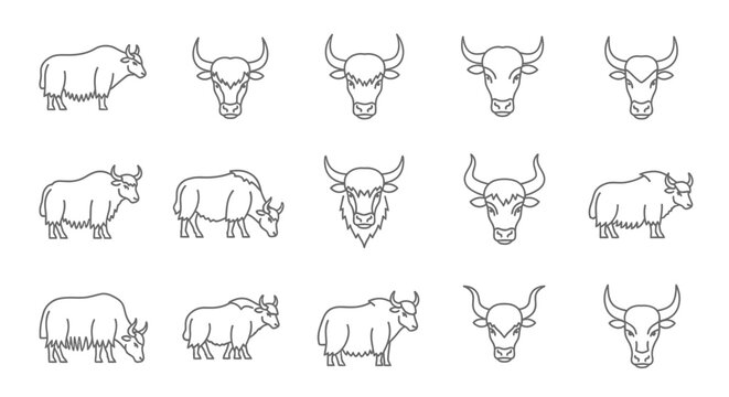 Set of yak illustrations outline style vectors for design and usage
