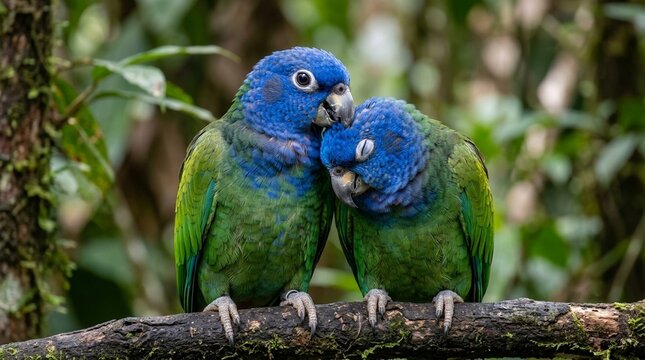 Pionus Blue-Headed Face Portrait Blue Head Green Body Close Two Animals Together Social Interaction Shot Bright Midday Outdoor Sun Saturated Natural Colours