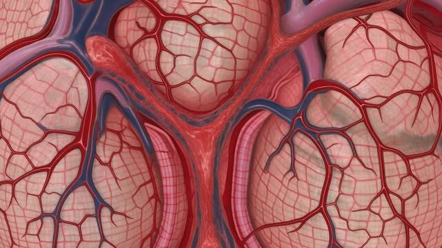 Detailed close-up rendering of pulsing blood vessels and capillaries within human brain tissue, showcasing intricate neural network and circulation