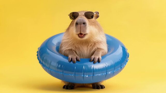 Capybara wearing sunglasses inside blue inflatable ring on yellow background, funny summer vacation concept with playful animal style