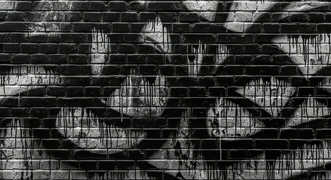 Urban Abstract Black Spray Paint Texture on Rough Brick Wall with Drips and Splatters