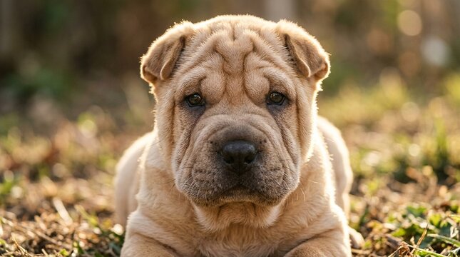Chinese Shar-Pei Puppy Face Portrait Extreme Skin Wrinkles Low Ground-Level Angle Eye-Level Perspective Warm Afternoon Sidelight Harsh Afternoon Sun Rim-Lighting Fur From Behind