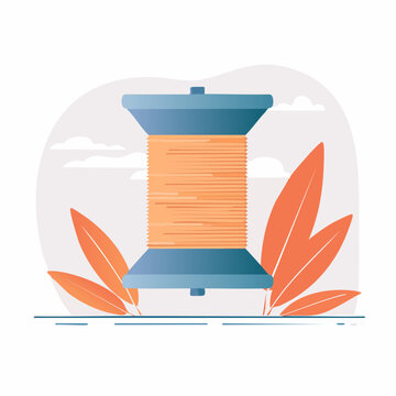 Illustration of a spool of orange thread with leaves