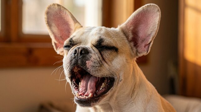 French Bulldog Cream And White Face Portrait Enormous Bat Ears Close Yawning Mouth Open Teeth Visible Close Portrait Late Afternoon Orange Sidelight Long Warm Shadows