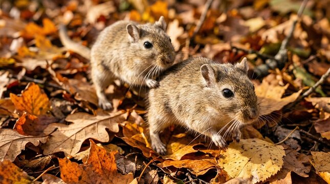 Mongolian Gerbil Pair Chasing Play Overhead Close Tight Portrait Close-Up Face Filling The Frame Shallow Depth Of Field Warm Autumn Leaf-Filtered Afternoon Sidelight