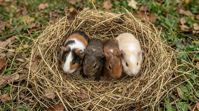 Guinea Pig Litter Of Four Pups In Hay Nest Overhead Close Three-Quarter Angled Body Portrait Canon Eos R3 200Mm F/2L 1/1600S Iso 400 Overcast Diffused Light Overcast Park Light Flat Even Natural Tones