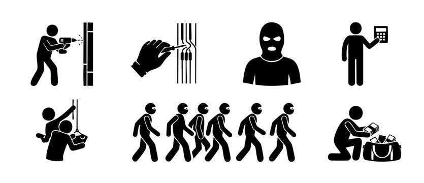 Criminal Activity Icon Set, Burglary and Theft Symbols, Stick Figure Robber Icons for Security Concept Design, Breaking and Entering, Illegal Action Pictograms, Flat Black Vector Illustrations on Whit