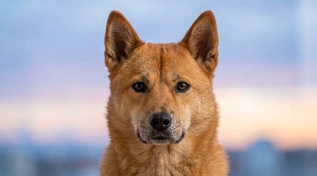 Jindo Face Portrait Korean Native Dense Coat Close Alert Ears-Up Direct Gaze Portrait Studio Window Blue Hour Cool Ambient Soft Pastel Sky Behind
