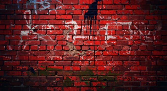 Weathered Brick Wall in Dark Alley with Layers of Red Graffiti and Crumbling Mortar Surface