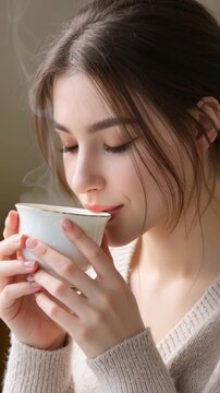 Young woman enjoying hot tea in soft light, cozy morning relaxation and wellness concept with calm expression and gentle atmosphere. Vertical video