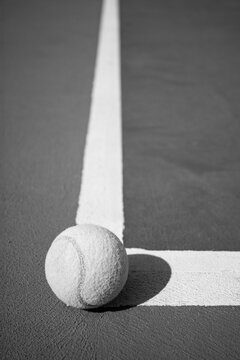 Tennis ball on court line in black and white