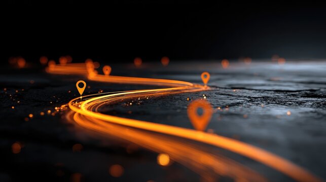 Digital Navigation Route with Glowing Orange Path and Location Pins.