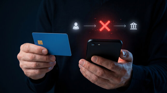 Man holding credit card and smartphone with failed transaction icon, secure payment rejected, bank transfer error or cyber security alert concept on digital mobile banking app