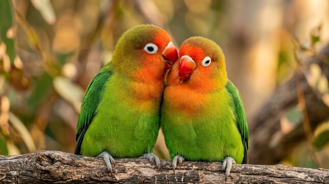 Lovebird Fischer'S Face Portrait Orange Face Green Wing Close Two Animals Together Social Interaction Shot Golden Hour Ambient Light Clean White Studio Strobe Two-Point Lighting