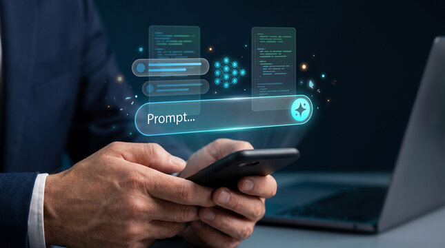 Businessman using smartphone for AI prompt engineering, person typing commands on virtual search bar to generate content with artificial intelligence and machine learning technology